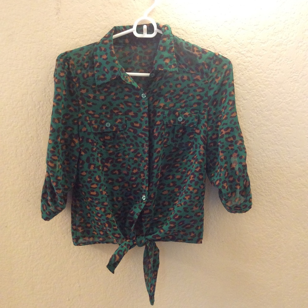 NEW LISTING Animal Print & Green tie up Blouse